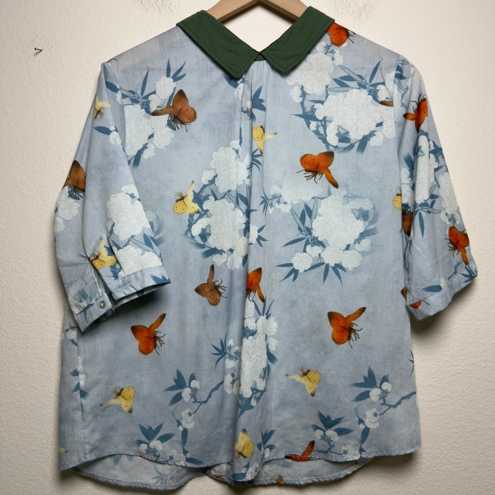 Women Cotton Top Large Blue Floral Butterfly Novelty Peter Pan Collar Preppy - Picture 4 of 6